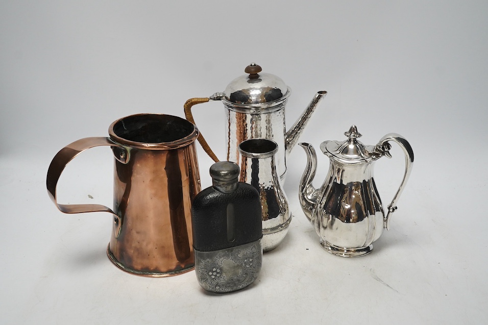 A quantity of assorted plated and copper wares including a pair of candlesticks, a pair of wine coasters, a chamberstick, cutlery etc. Condition - varies